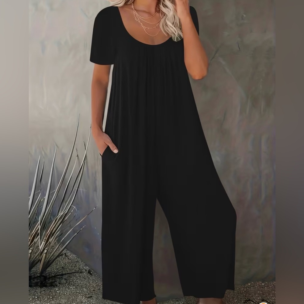 Temu Plus Size Women's Black Long Pants, Pockets, Short-Sleeve Jumpsuit EUC 0X